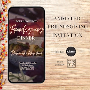 Op de afbeelding: Geanimeerde digitale uitnodiging voor een Friendsgiving-diner. De uitnodiging bevat een foto van een kom met geroosterde groenten met de tekst "You're invited to Friendsgiving Dinner. Please bring a dish to share." De uitnodiging bevat ook de datum, tijd, adres en RSVP-informatie.