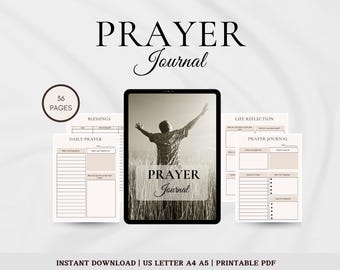 May include: Printable prayer journal with 36 pages. The journal includes sections for daily prayer, blessings, and life reflection. The cover features a photo of a person with arms raised in a field.