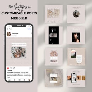 May include: A collection of 150 customizable Instagram post templates for social media marketing. The templates feature a variety of designs, including a black and white photo of a woman, a sale announcement, a giveaway announcement, and a quote about photography. The templates are perfect for businesses and individuals who want to create engaging and visually appealing content for their Instagram feed.