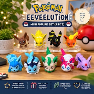 May include: A set of nine Pokémon Eeveelution mini figures made of PLA. The collection includes Eevee, Jolteon, Umbreon, Flareon, Glaceon, Vaporeon, Leafeon, Sylveon, and Espeon. Each small character is displayed on a clear base, featuring distinct colors.