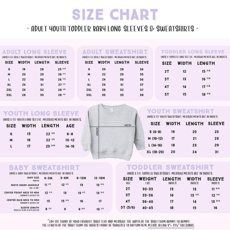 The image is a size chart for long sleeves and sweatshirts, providing measurements and corresponding sizes for different age groups and gender.