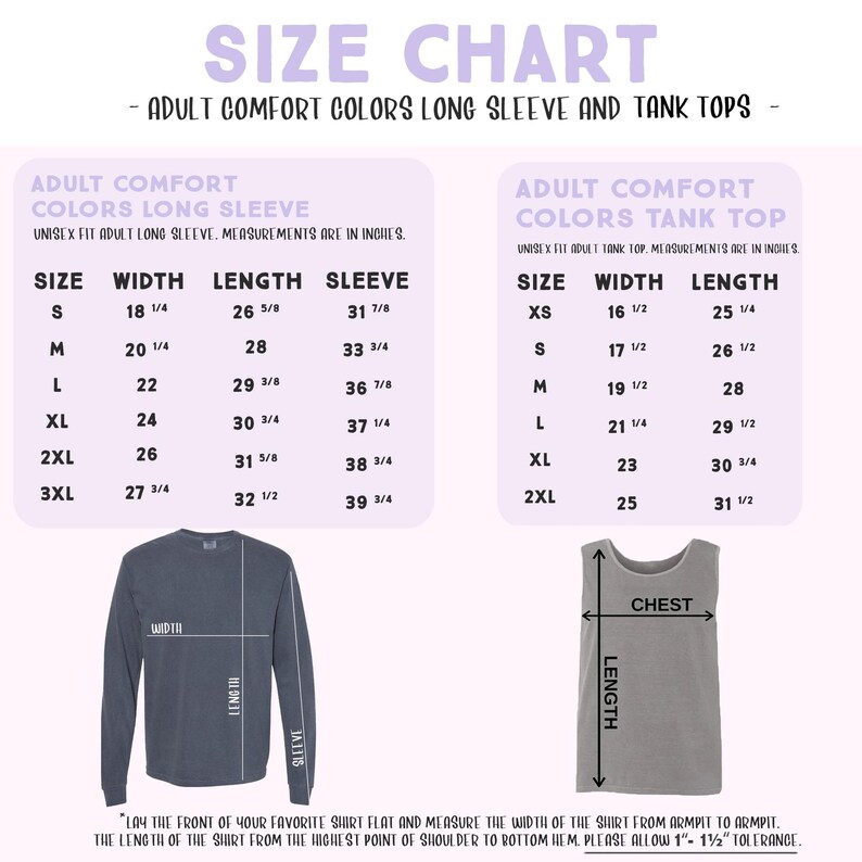 The image is a size chart for adult comfort colors long sleeve and tank tops. It provides measurements for different sizes, including XS, S, M, L, XL, and XXL. The chart includes a chest measurement for tank tops. The image does not contain any text that can be described in more detail, and it does not include any additional information about the clothing items or their features.
