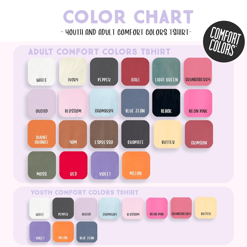 The image is a color chart for a youth and adult comfort t-shirt, displaying a variety of colors and their corresponding names.