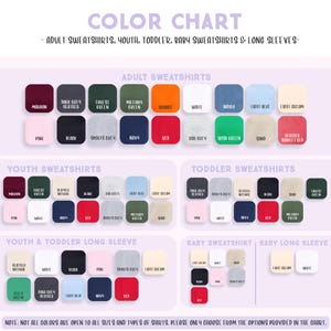 The image is a color chart that lists various types of adult and toddler sweatshirts, baby sweatshirts, and long sleeves in different colors.