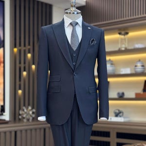 Navy Blue 3-Piece Slim Fit Suit for Men - Wedding Suits - Engagement Suits - Prom, Groom wear and Groomsmen Suits - Blue suit - ElegantGroom