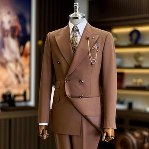 Brown Slim Fit Stylish Double Breast Two Piece Brown Mens Suit for Wedding, Engagement, Prom, Groom wear and Groomsmen Suits, Brown Suit