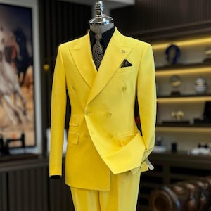 Yellow Slim Fit Stylish Double Breast Two Piece Yellow Mens Suit for Wedding, Engagement, Prom, Groom wear and Groomsmen Suits, Yellow Suit