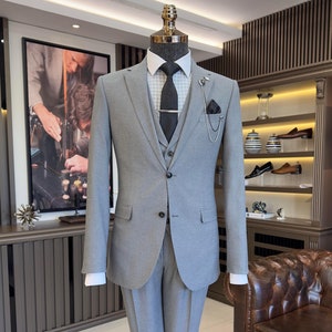 Gray 3-Piece Slim Fit Suit for Men - Wedding Suits - Engagement Suits - Prom, Groom wear and Groomsmen Suits - Gray suit - ElegantGroom