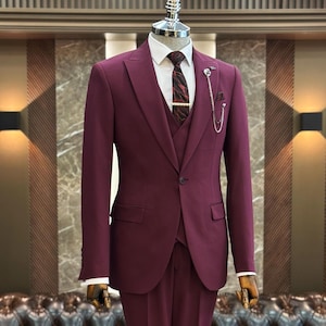 Burgundy 3-Piece Slim Fit Suit for Men - Wedding Suits - Engagement Suits - Prom, Groom wear and Groomsmen Suits - Burgundy suit - Elegant