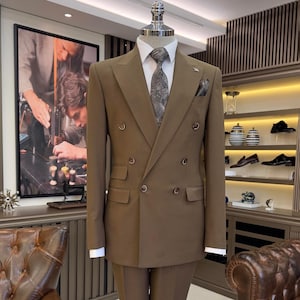 Brown Slim Fit Stylish Double Breast Two Piece Brown Mens Suit for Wedding, Engagement, Prom, Groom wear and Groomsmen Suits, Brown Suit