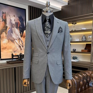 Gray 3-Piece Slim Fit Suit for Men - Wedding Suits - Engagement Suits - Prom, Groom wear and Groomsmen Suits - Gray suit - ElegantGroom
