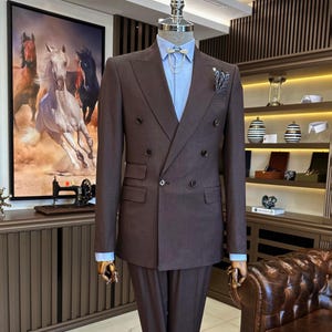 Brown Slim Fit Stylish Double Breast Two Piece Brown Mens Suit for Wedding, Engagement, Prom, Groom wear and Groomsmen Suits, Brown Suit