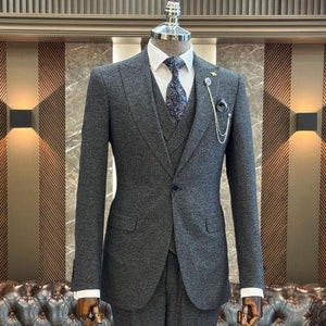 Gray 3-Piece Slim Fit Suit for Men - Wedding Suits - Engagement Suits - Prom, Groom wear and Groomsmen Suits - Gray suit - ElegantGroom