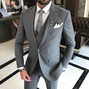 Gray 3-Piece Slim Fit Suit for Men - Wedding Suits - Engagement Suits - Prom, Groom wear and Groomsmen Suits - Gray suit - ElegantGroom