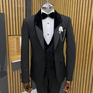 Black Slim Fit Groom Suit, 3 Piece Black Tuxedo, Mens Suit for Wedding, Engagement tuxedo, Prom, Groom wear and Groomsmen Suits, Black Suit