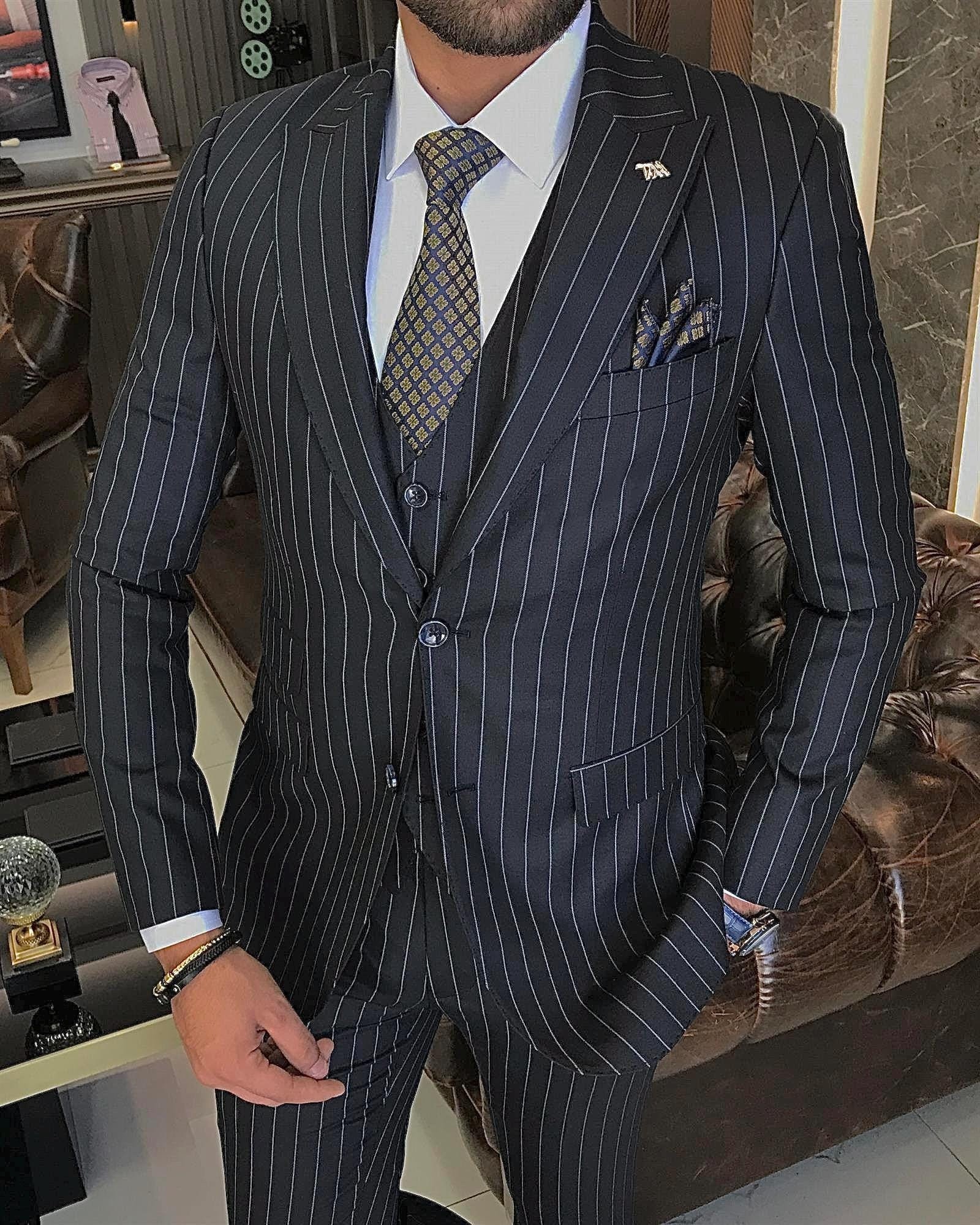 18737 Navy Slim Fit Patterned Suit