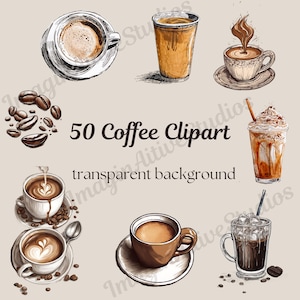 Coffee Clipart Bundle 50 PNG Images Transparent Background 300 DPI Sublimation, Commercial Use, Espresso, Mocha, Frappuccino, Latte, Dessert