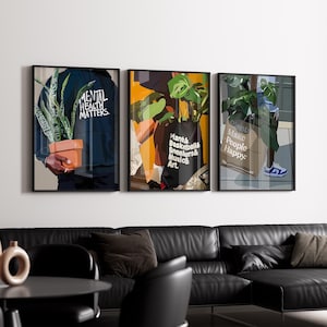 Puede incluir: Tres ilustraciones enmarcadas de personas sosteniendo plantas. La primera ilustración presenta a una persona sosteniendo una planta en maceta con el texto "Mental Health Matters". La segunda ilustración presenta a una persona sosteniendo una planta con el texto "Plants, Basketball, Sneakers, Music, Art". La tercera ilustración presenta a una persona sosteniendo una planta con el texto "Make People Happy".