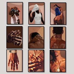 Set van 9 zwarte man kunst, zwarte jongen kunst, Afro-Amerikaanse kunst, moderne zwarte kunst, minimalistische BLM-kunst, modekunst, zwarte mensen kunst, zwarte mensen kunst