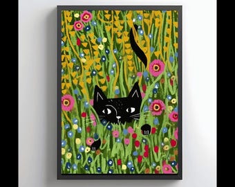 グスタフ・クリムト、庭の黒猫 ウォールアート プリント ポスター 額