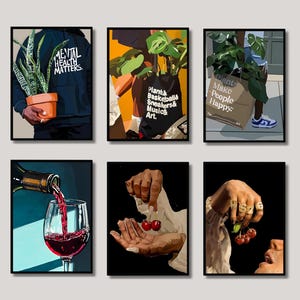 Black Man Art Prints Set Of 6 Wall Art Printable, Plant Art, Wine Glass Art, African American Male Art, Fashion Print, Digital Download