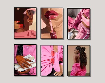 Set Of 6 Black Woman Art, Fashion Art, Black Art, Modern Black Art, Cultural Wall Decor, Black Female Art, Black Pride Art, African Art