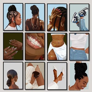 Set of 12 Black Woman Art, Black Feminine Art, Afrocentric Art, Empowering Black Art, Afro Art, Black People Art, African American Wall Art