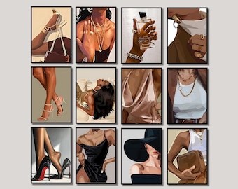 Conjunto de 12 obras de arte de mujeres negras, arte de moda, arte moderno de niñas negras, arte afrocéntrico, arte afroamericano, arte de mujeres negras, arte de empoderamiento