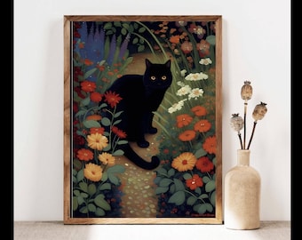 Gustav Klimt Black Cat Print, Klimt Garden Flowers Cat Poster, Black Cat Art, Klimt Exhibition, Cat Items For Cat Lovers, Floral Cat Art