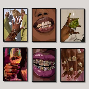 Set von 6 Schwarze Frau Kunst, Weinglas Kunst, minimalistische BLM Kunst, Schwarze Mädchen Kunst, Schwarze weibliche Kunst, Abstrakte Schwarze Kunst, Mode Druck, Wandkunst