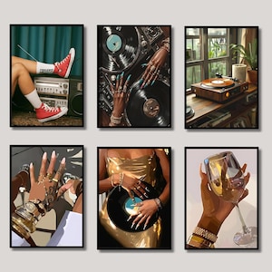 Set of 6 Black Woman Art, Music Disc Art, Fashion Print, Urban Life, African American Art, Sneaker Wall Art, Black Art, Modern Black Art