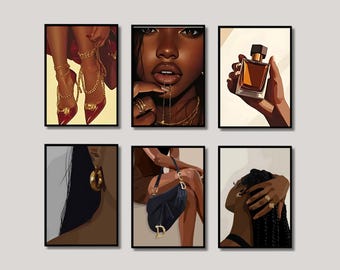 Conjunto de 6 Arte de Mulher Negra, Arte BLM Minimalista, Arte de Menina Negra Feminina, Arte de Mulher Negra, Arte de Melanina, Grelha de Mulher Negra, Arte Empoderadora