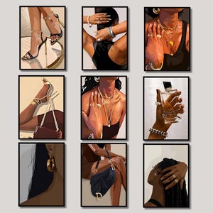 Set di 9 stampe artistiche di donne nere. Stampa artistica di moda, Arte della cultura nera. Arte della melanina, Arte nera, Griglie per donne nere, Arte femminile, Arte afrocentrica