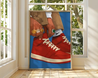 Arte mural de hombre negro, póster imprimible de zapatillas, arte mural urbano, ilustraciones de zapatillas, arte cultural negro, decoración moderna para dormitorios, arte de estilo, archivo digital