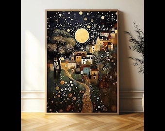 Gustav Klimt Village Night Poster, Klimt Moon Stars Tree Wall Art Print, Dreamy Night Landscape, Gustav Klimt Village Night Art, Wall Décor