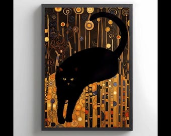 Gustav Klimt Black Cat Print, Klimt Cat Poster, Black Cat Art, Klimt Museum Poster, Floral Print, Cat Lover Gift, Home Decor Poster
