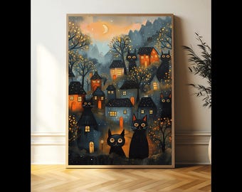 Gustav Klimt Moon Night Art, Black Cat Gustav Klimt Print, Klimt Exhibition Poster, Floral Print, Cat Lover Gift, Home Décor