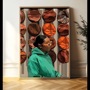 May include: A woman wearing a green hoodie and yellow sunglasses stands in front of a wall of basketballs. The basketballs are arranged in a grid pattern and are all different colors.