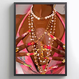 May include: A close-up of a person's chest with multiple gold chains and pearl necklaces. The person has long, colorful acrylic nails.