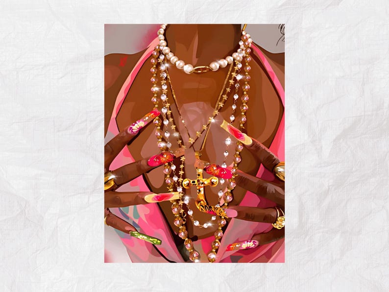 May include: A close-up of a person's chest with multiple gold chains and a large gold cross pendant. The person is wearing a pink top and has long, colorful fingernails.