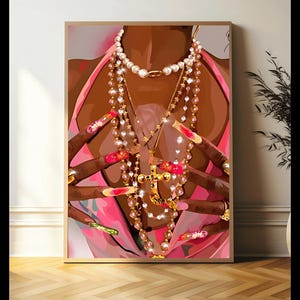 May include: A digital illustration of a person's chest and hands with long, colorful acrylic nails. The person is wearing multiple gold chains and necklaces with pearl accents.
