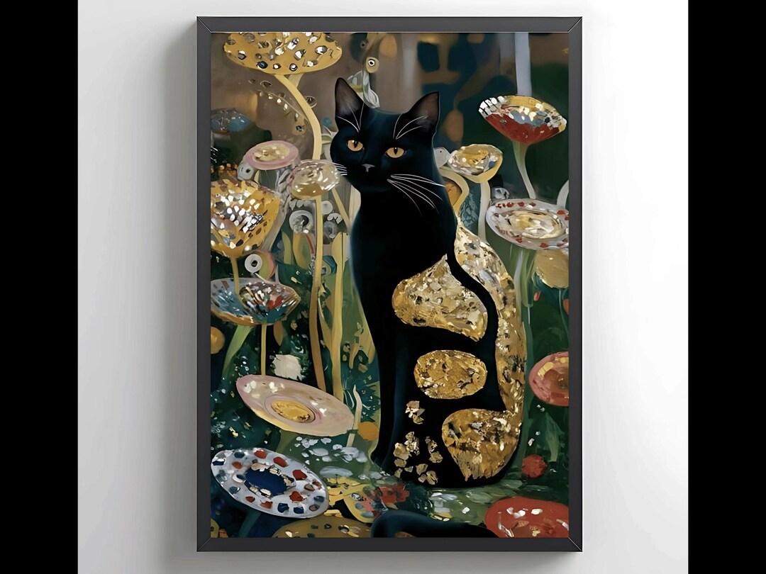 Black Cat Gustav Klimt Print, Black Cat Poster, Black Cat With Flowers ...