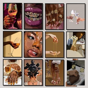 Arte della donna nera, set di 12 stampe, arte femminile nera, arte urbana, arte della moda, arte del vino, arte emancipatrice, arte afroamericana, arte della donna afro