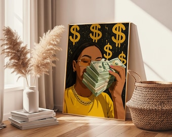 Arte de mujer negra, arte monetario, arte mural de mujer negra, arte mural de niña negra, arte mural digital, arte de moda, decoración del hogar