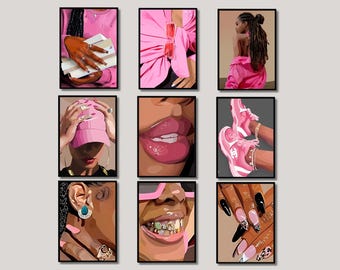 Conjunto de 9 Arte de Mulher Negra, Arte de Melanina, Arte de Menina Negra, Arte BLM Minimalista, Arte de Menina Negra Feminina, Grelhas de Mulher Negra, Arte de Moda Rosa