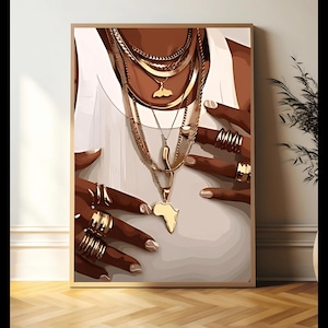 May include: A close-up of a person's hands wearing multiple gold rings and necklaces. The necklaces feature a variety of chain styles and pendants, including an outline of the African continent.