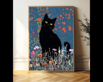 Black Cat Gustav Klimt Art, Gustav Klimt Garden Flowers Cat Print, Portrait Painting Exhibition, Black Cat Wall Art, Cat Lover Gift