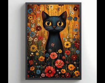 庭の黒猫、グスタフ・クリムトの猫のプリント、黒猫の壁アート、猫の