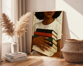 Black Woman Art, Bookish Wall Art Decor, Study Room, Home Library Print,  Reading Woman, Printable Wall Art, Feminist Art , Digital Download