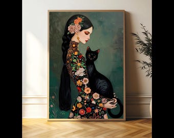 絵画 。壁掛け絵原画【女性の主人が花瓶を片付ける時に遊んでいた2匹のシャム猫】 グスタフ・クリムトの女性と猫のプリント、グスタフ・クリムトの